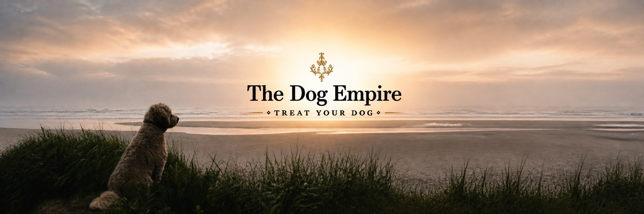 The Dog Empire logo over a sunset beach with a dog